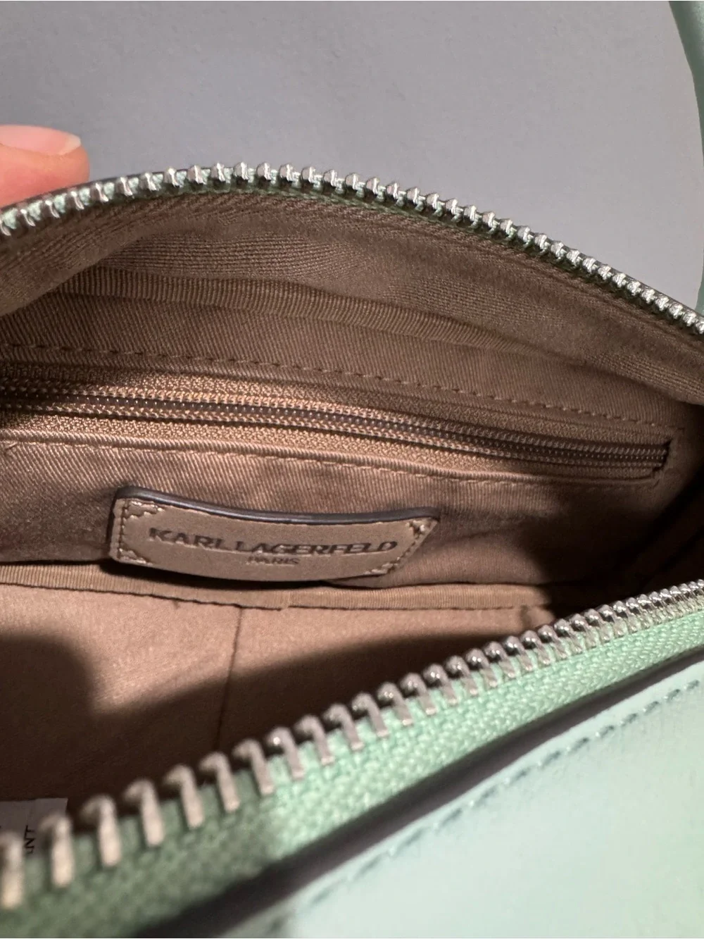 Karl Lagerfeld Mint Green Leather Barrel Crossbody with Chain